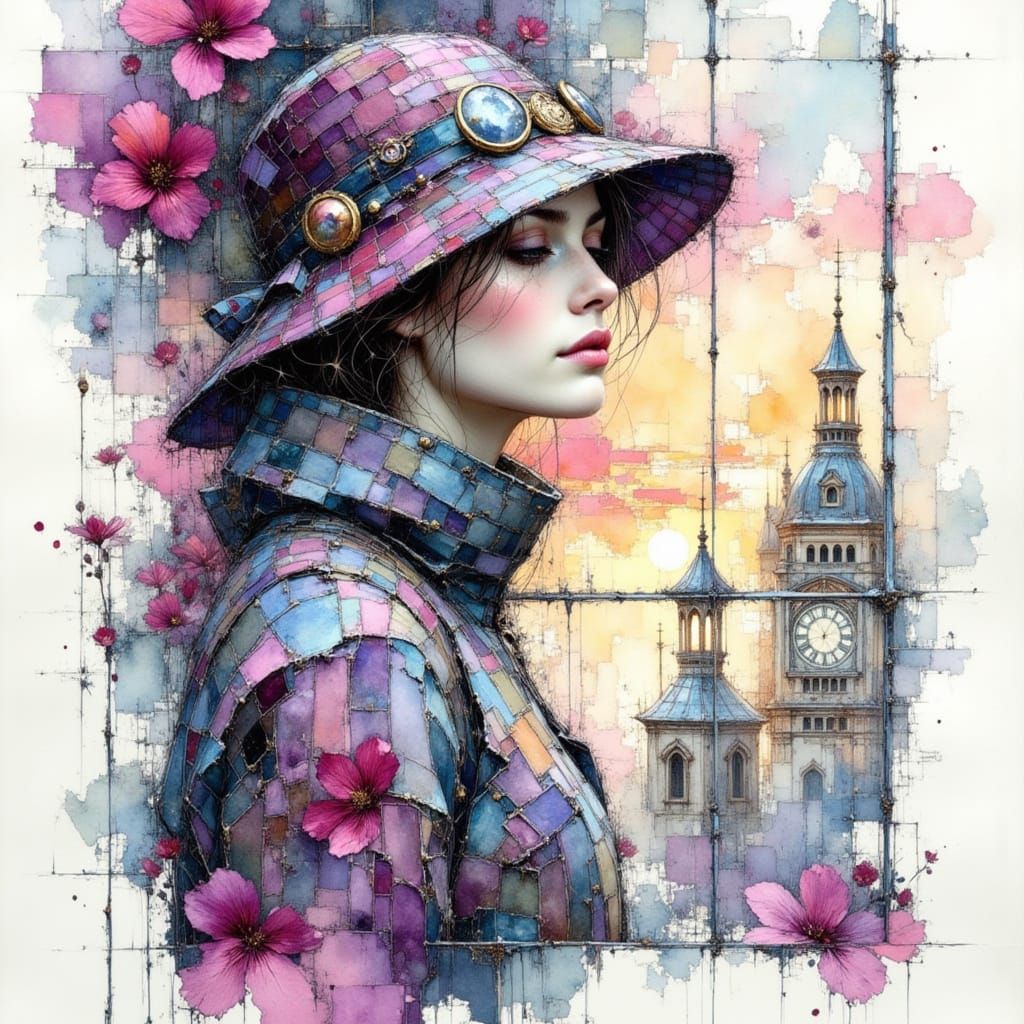 Cityscape Woman in Impressionistic Watercolor Style