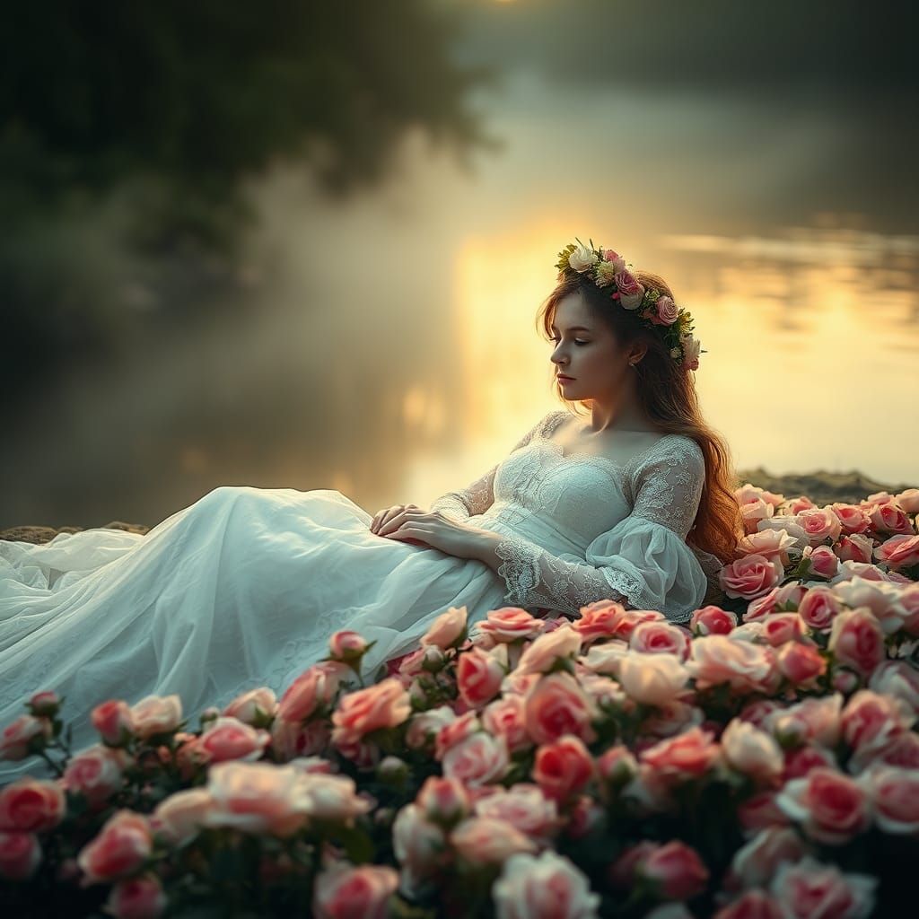 Ethereal Woman on Roses by River at Dawn