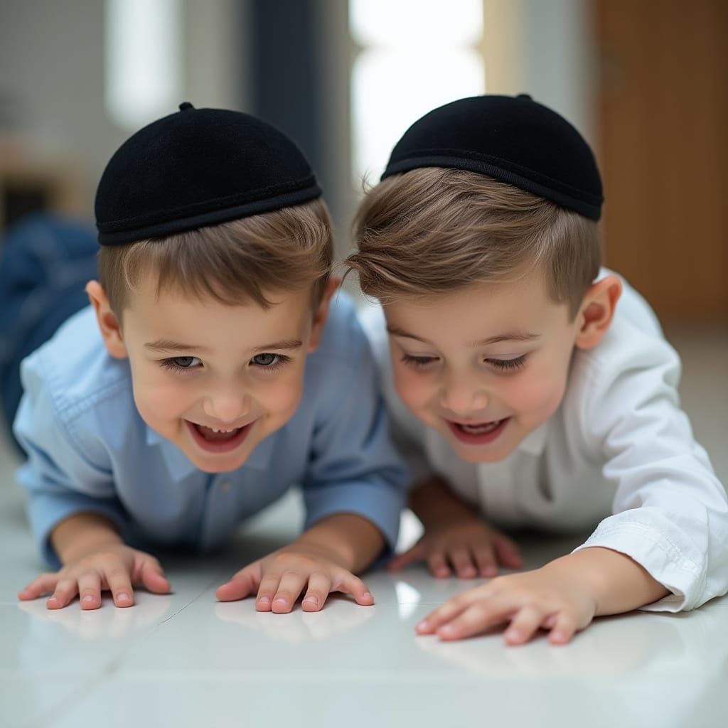 Haredi Boys in Playful Scuffle, Close-Up Portrait, High-Cont...