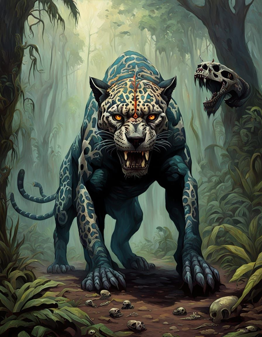 Ancient Aztec Jaguar Totem in Creepy Rainforest