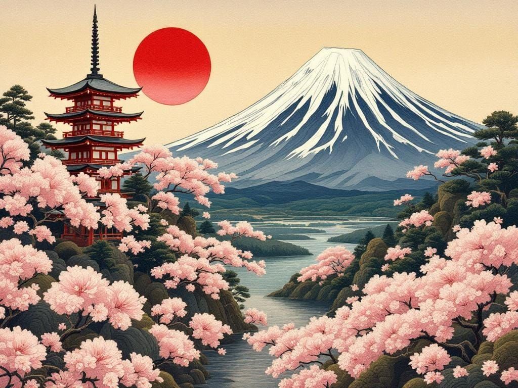 Japanese Pagoda and Fuji in Quilted Art Style