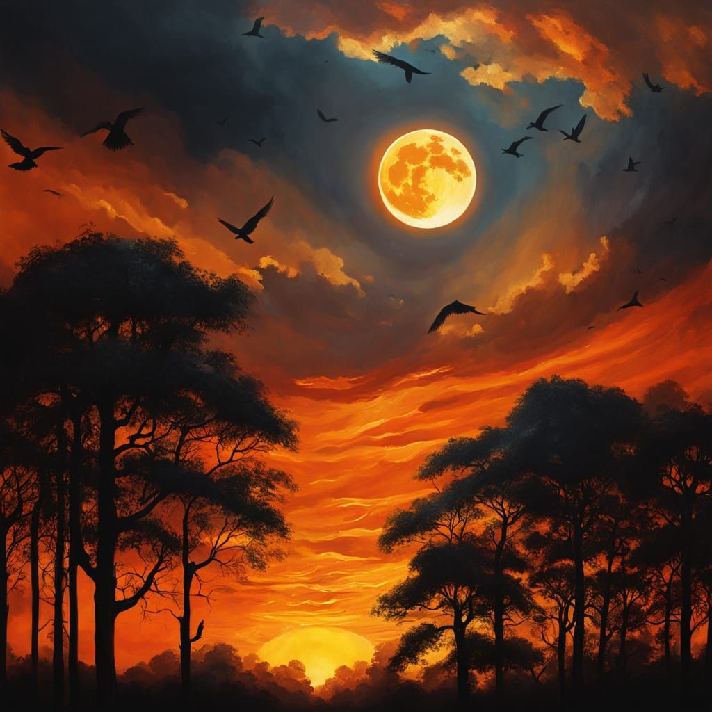 Surreal Solar Eclipse Oil Painting in Orange Hues