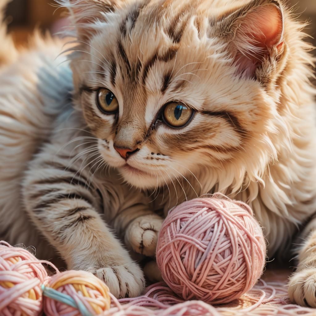 Tearful Kitten Plays with Wool in Anime Style