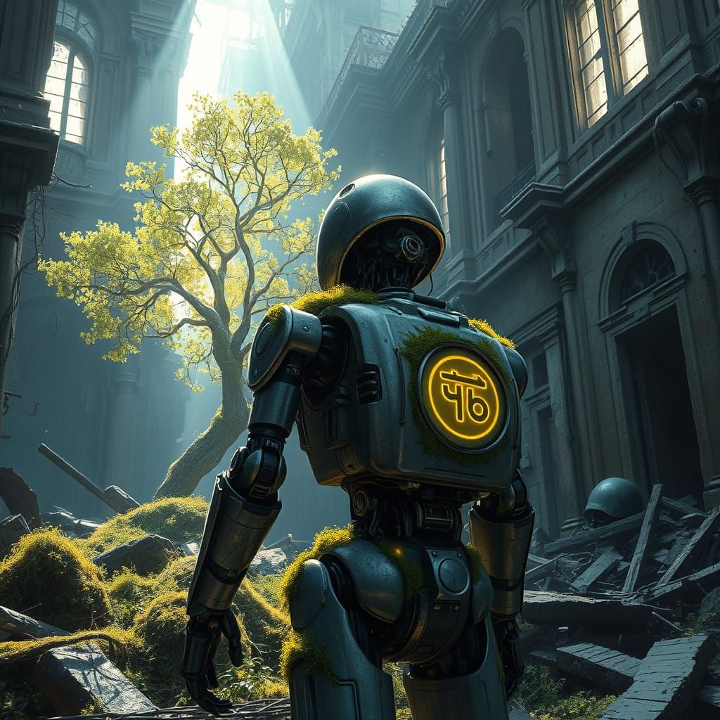 Robot Discovers Luminous Grove in Decaying City