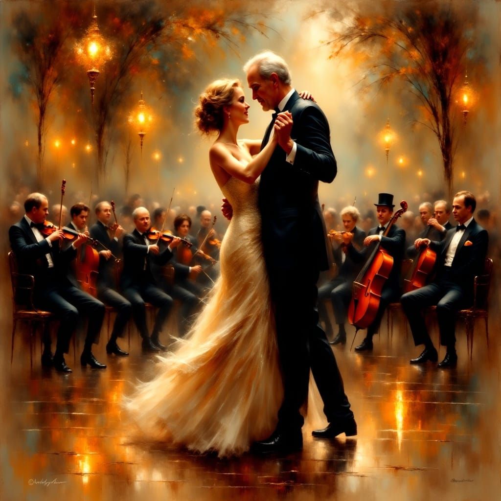Elderly Couple Dancing Tango as Impressionist Painting