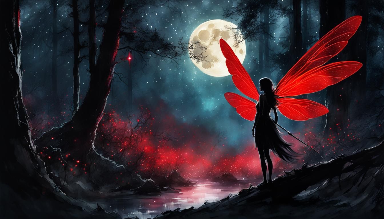 Darkly clad fairy with red dragonfly-esque wings alt