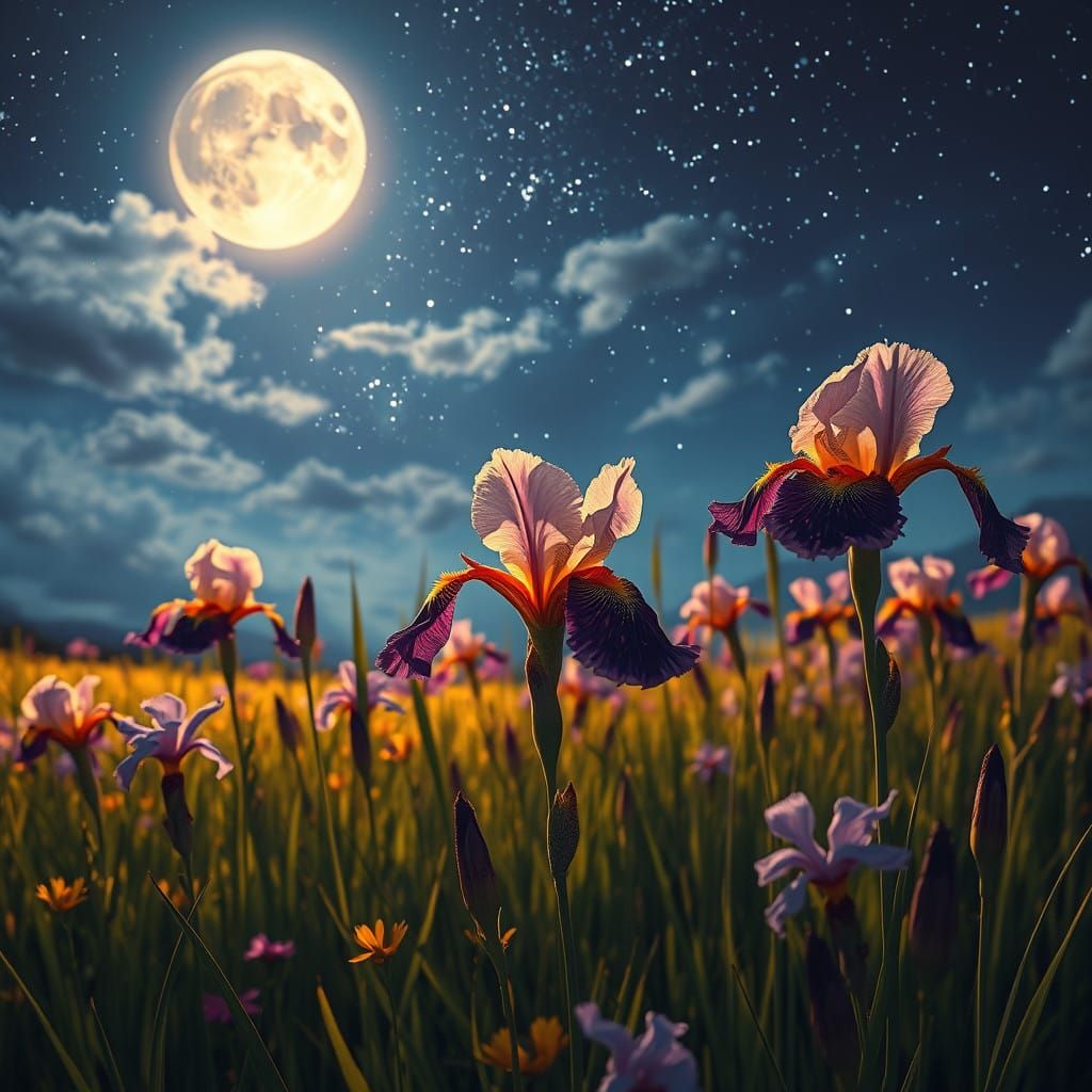 Swaying Wild Irises Under Starlight, Refined in Sci-Fi Lands...