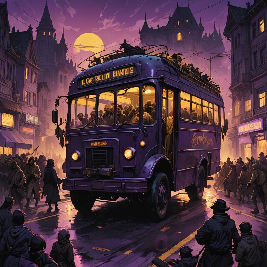 Dark Fantasy Bus Through Haunted Town, Art Deco Style