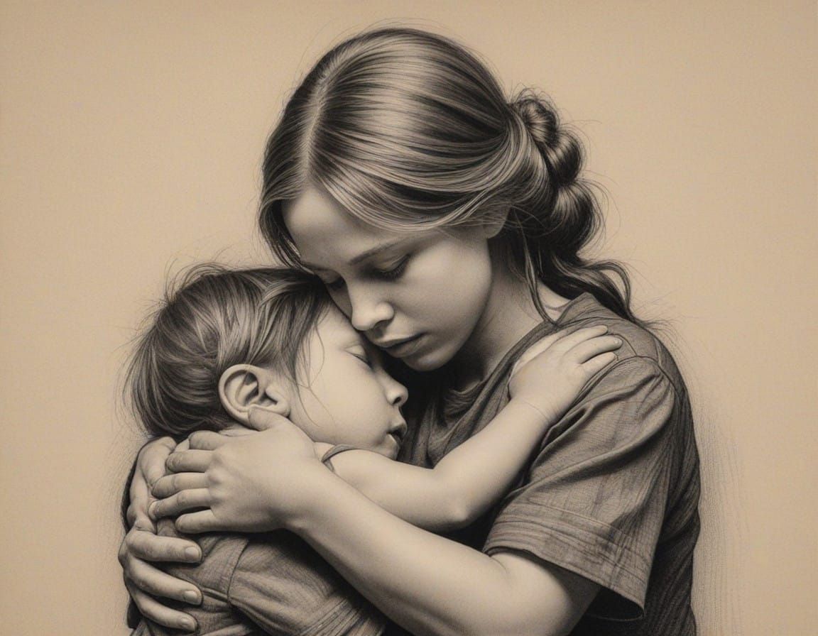 Motherly Love in Hyperdetailed Charcoal Drawing
