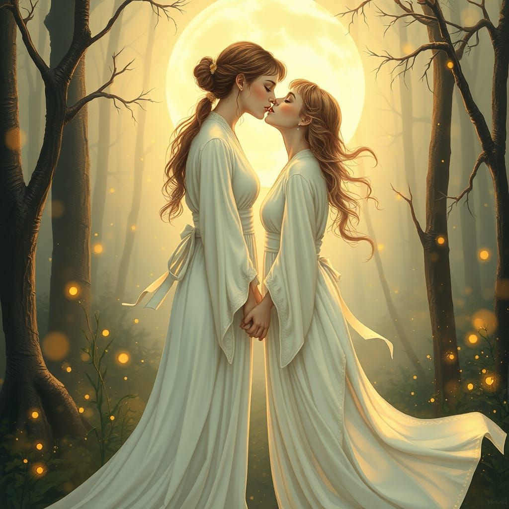 Romantic Kiss in Enchanted Forest, Fantasy Art