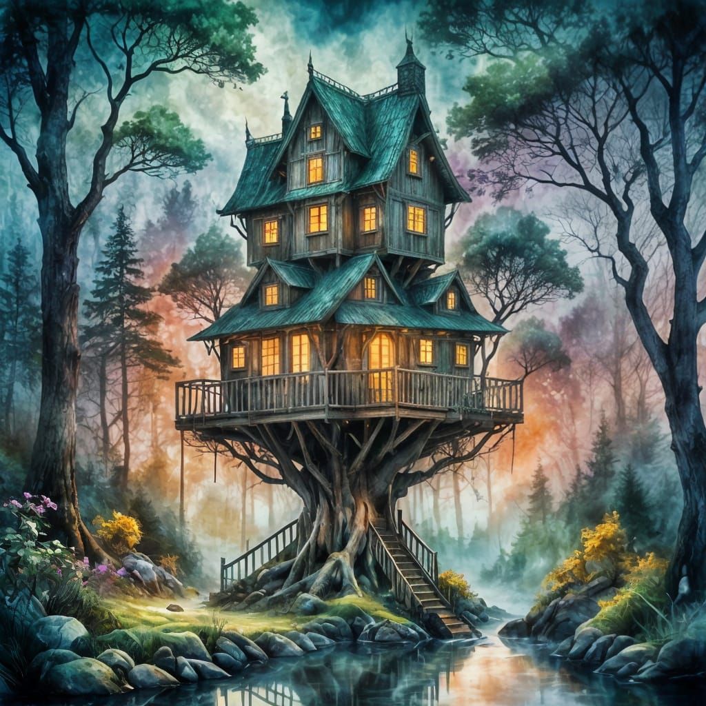 Whimsical Watercolor Treehouse in a Mystical Summer Evening ...