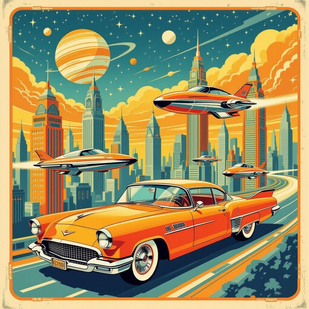 Retro Art Deco City with Flying Cars in Vintage Postcard Sty...