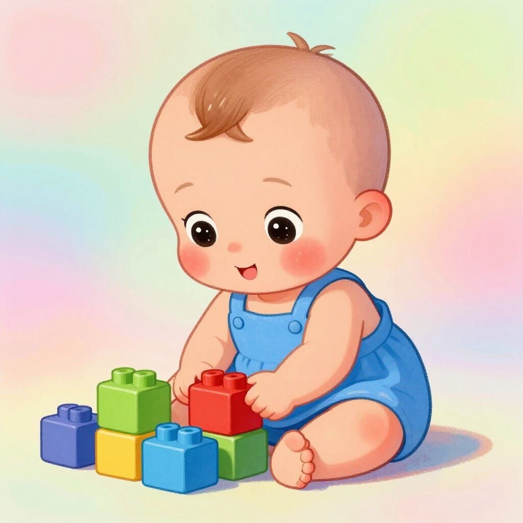 Whimsical Baby Girl Playing with Blocks in Pastel Dreamscape