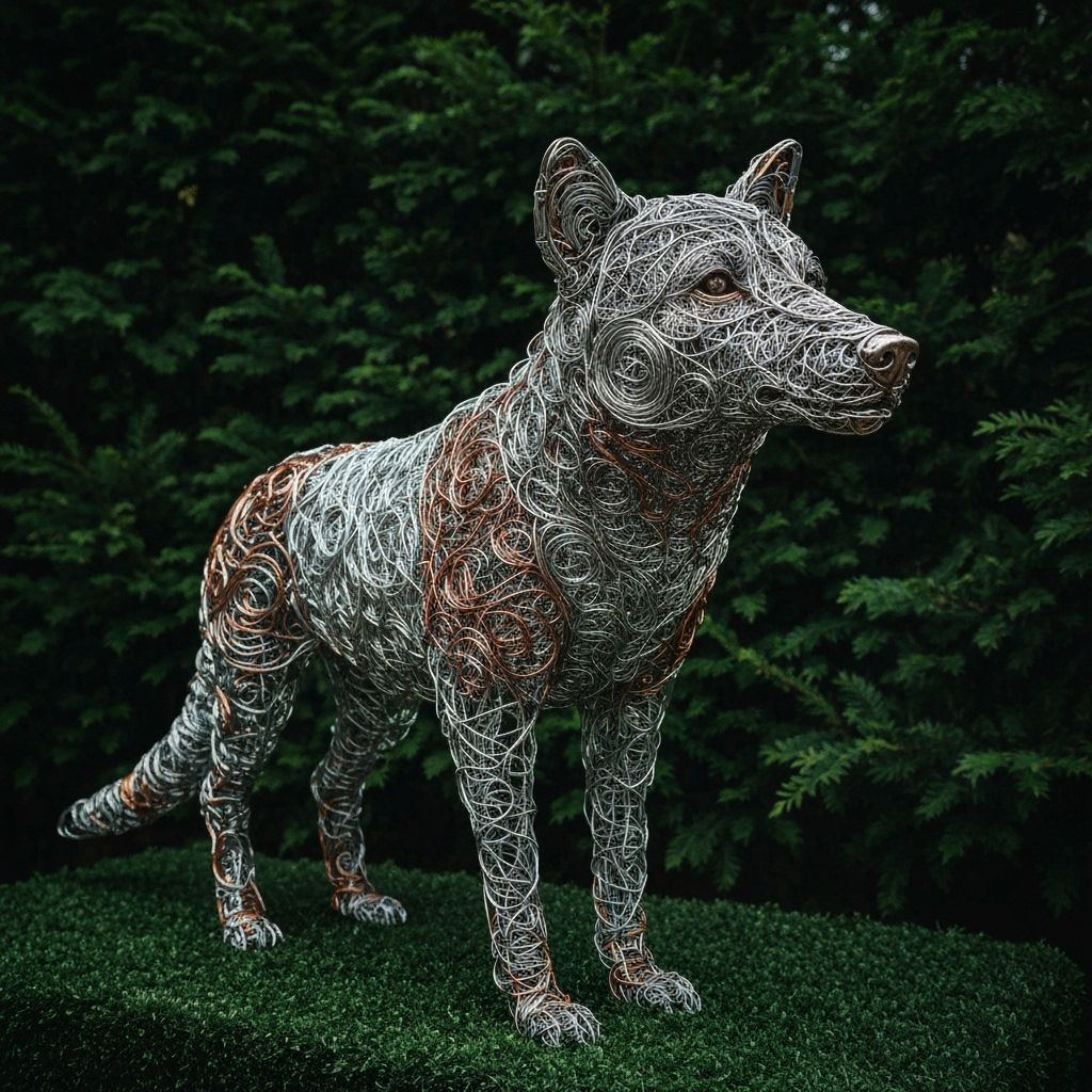 Wire Wolf Sculpture in Lush Green Foliage