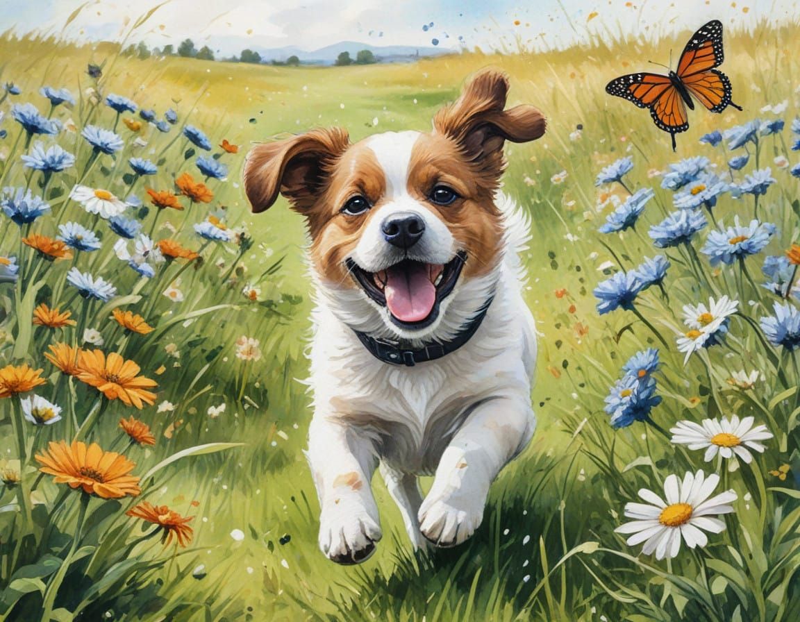 Chubby Puppy Chases Vibrant Butterfly in Watercolor Meadow