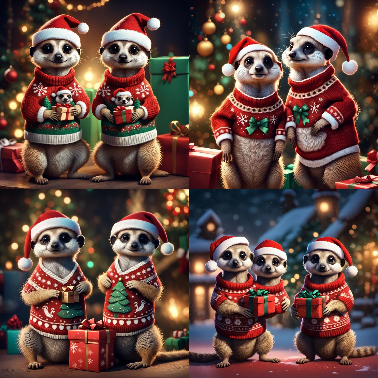 two furry super cute meerkats wearing christmas sweaters and...
