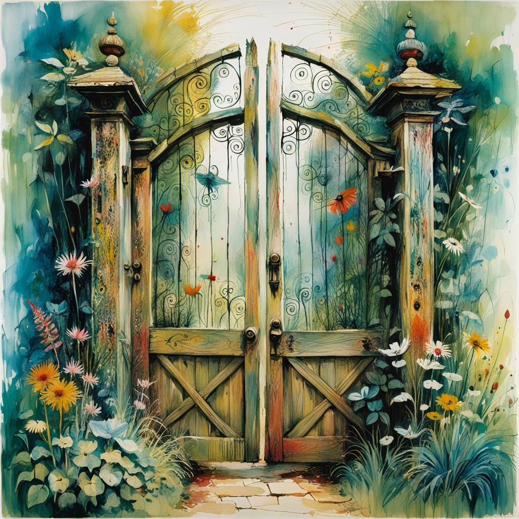 Abstract Garden Gate in Mixed Media Style