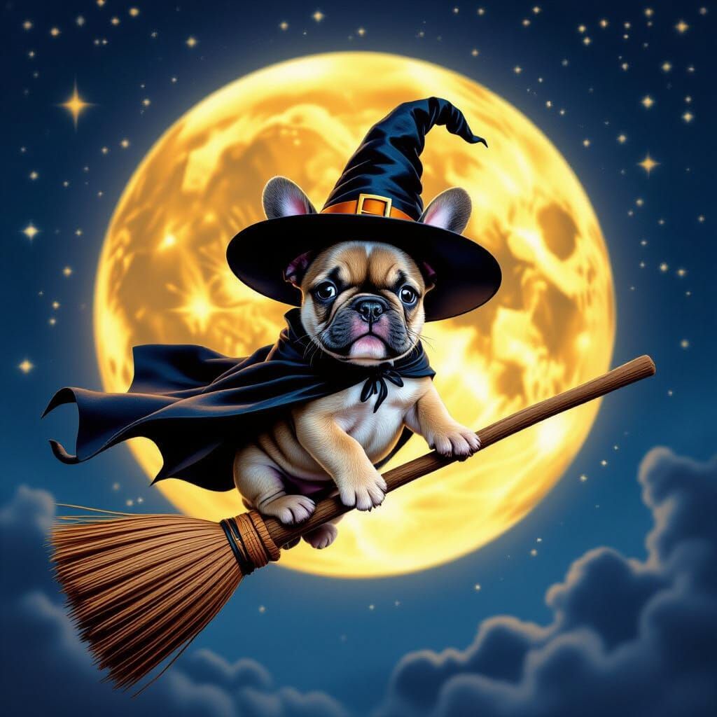 French Bulldog Witch Puppy Flies Over Full Moon