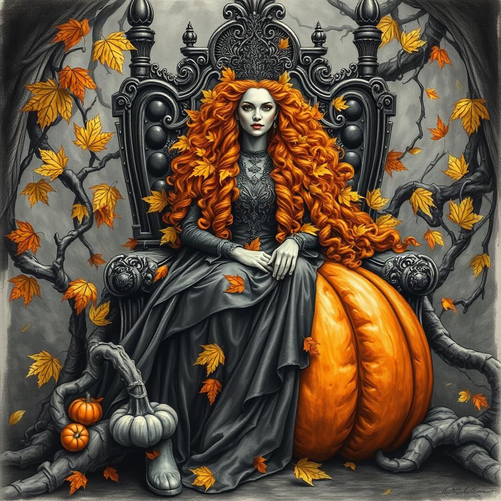 Autumn Queen on Pumpkin Throne in Charcoal Style