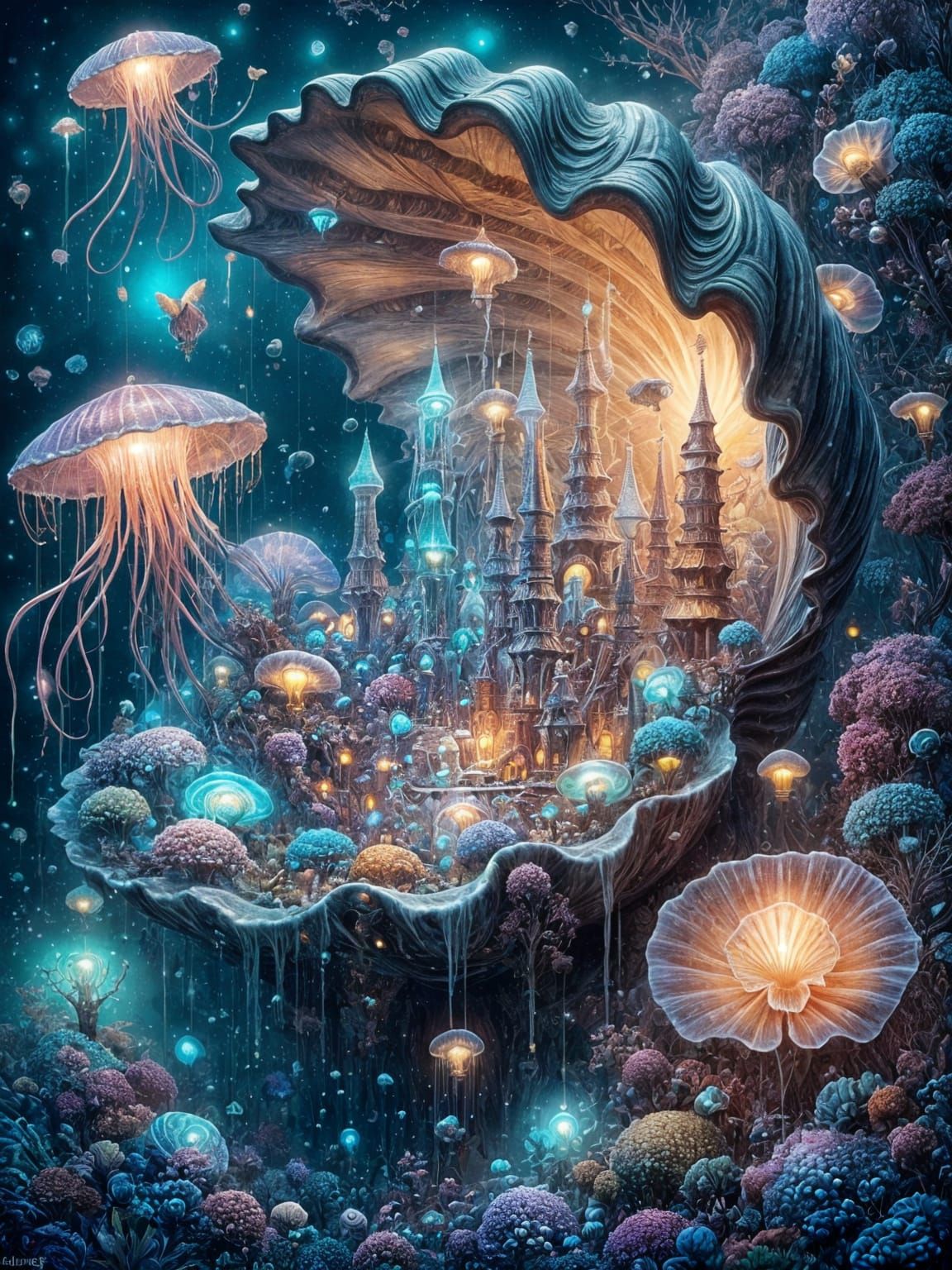 Bioluminescent Jellyfish Metropolis in Giant Clam Shell