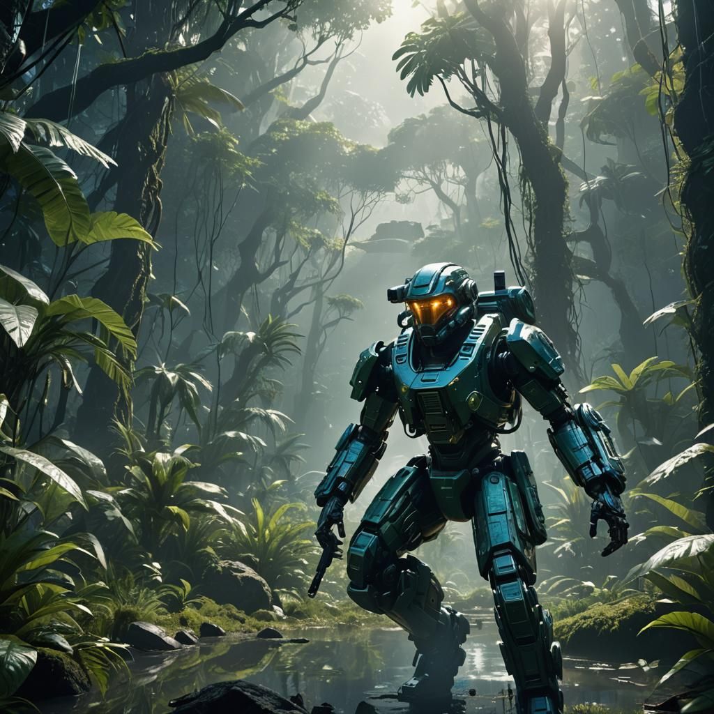 Futuristic Soldier in Jungle, Sci-Fi Digital Art