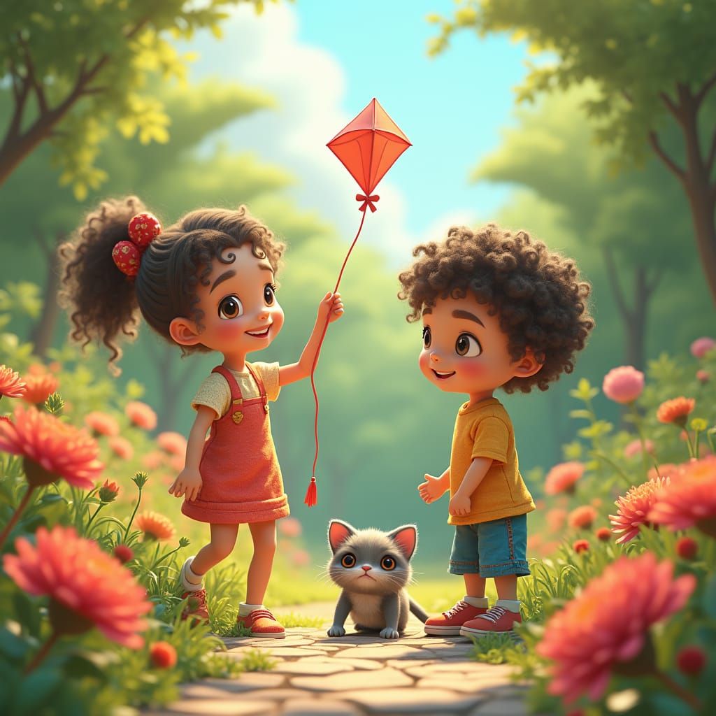 Children with Kite and Cat in a Sunny Garden