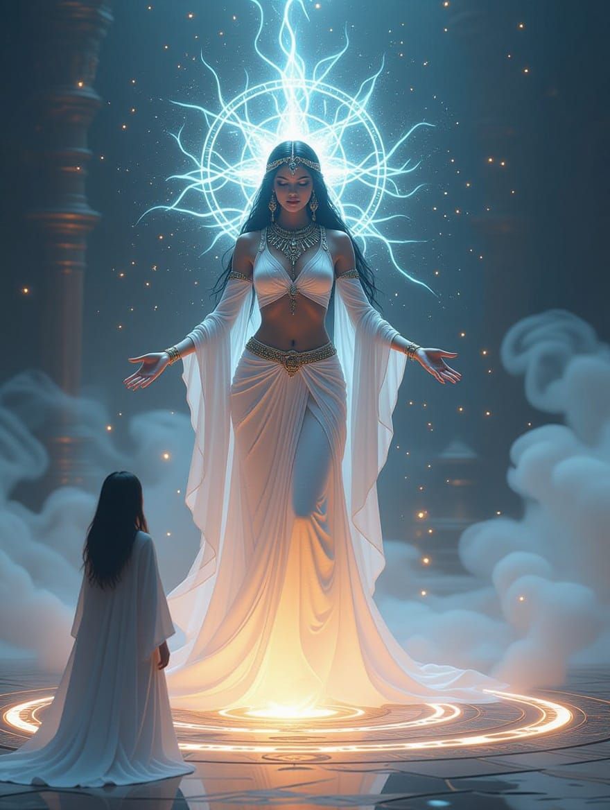 A goddess with bioluminescent, translucent skin composed of ...
