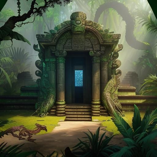 Quetzalcoatl Rises from Jungle Ruins in Mesoamerican Style