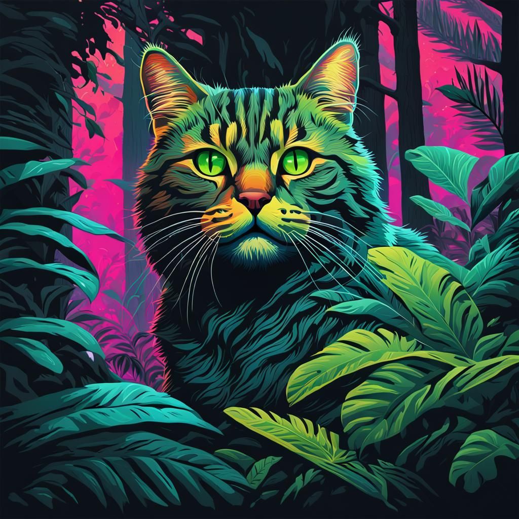 Tabby Cat Hiding in Neon Jungle Illustration