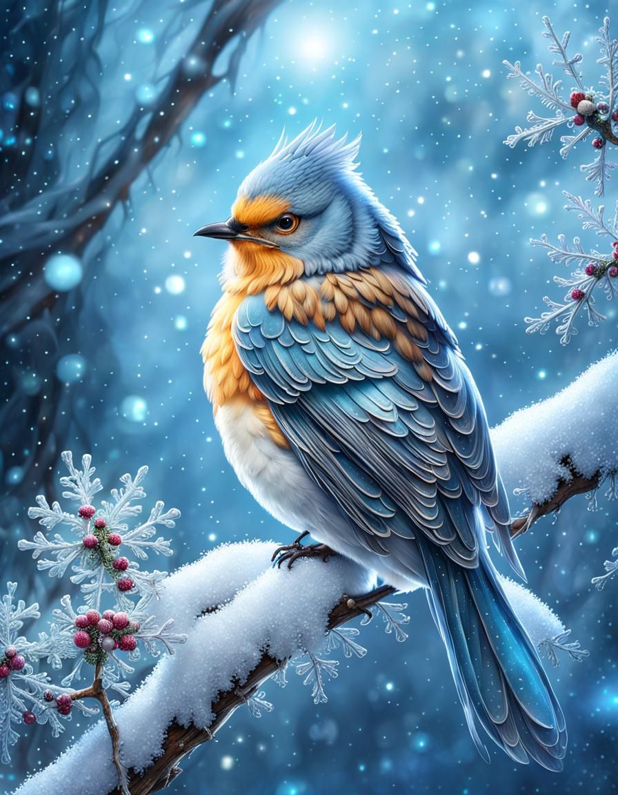 Insanely detailed photograph : Ethereal winter fantasy concept art : sparkling snowflakes : adorable icy fantasy birds :...