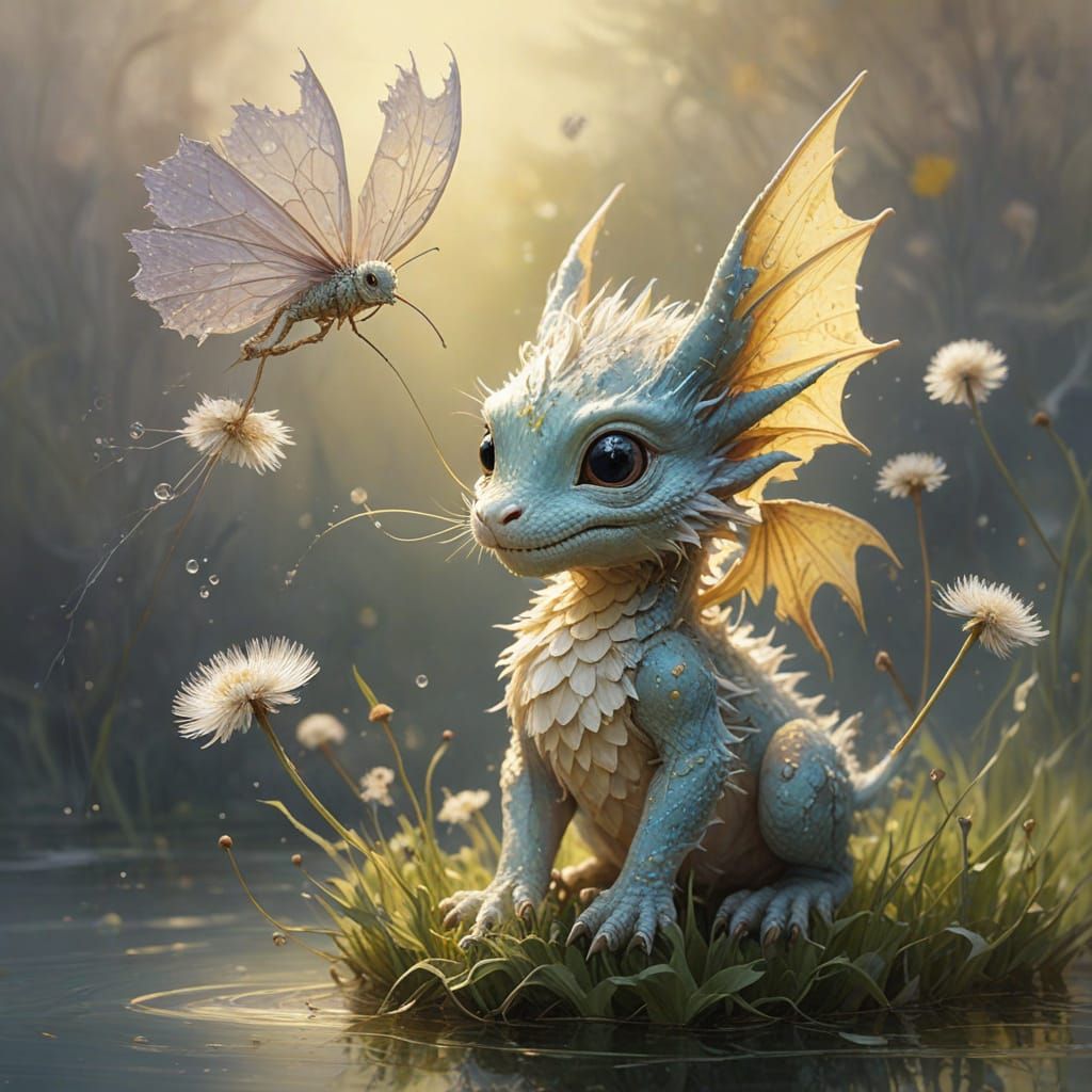 Tiny Dragon on Dandelion Puff in Golden Hour Light