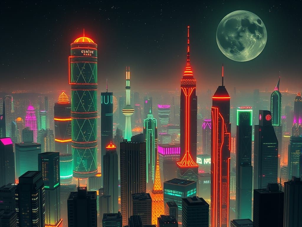 Futuristic Cityscape in Neon Green and Orange Hues