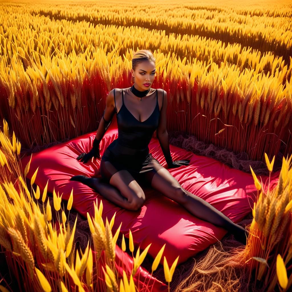 Girl in Crimson Sheeted Wheat Field