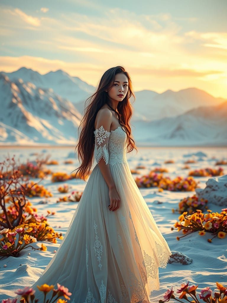 Serenely Standing Beauty in Icy Desert Landscape