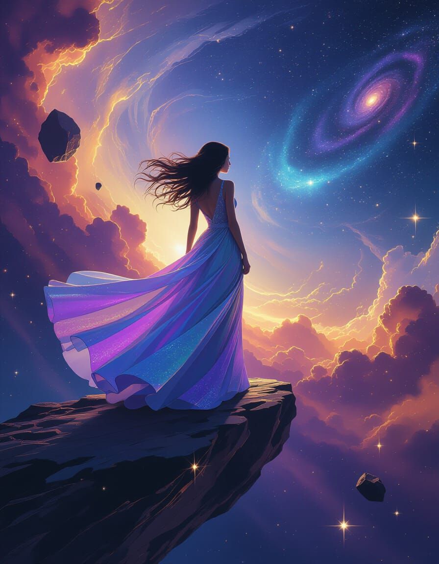 Cosmic Girl on Asteroid with Galaxies