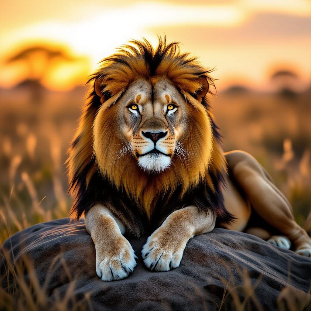Majestic Lion on Savanna Rock in Golden Hour Light