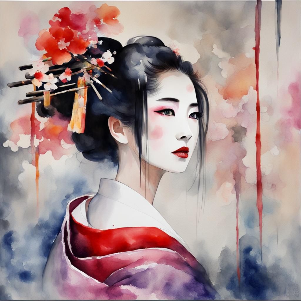 Beautiful Geisha Portrait in Watercolor Style