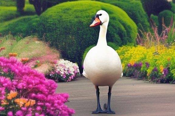 Goose Strolling Through Colorful Flower Bed