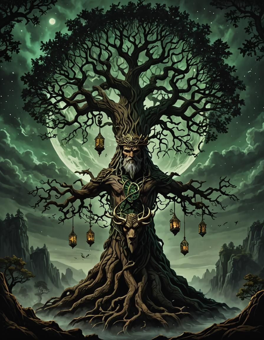 Odin Hanging from Yggdrasil in Mystical Night Scene