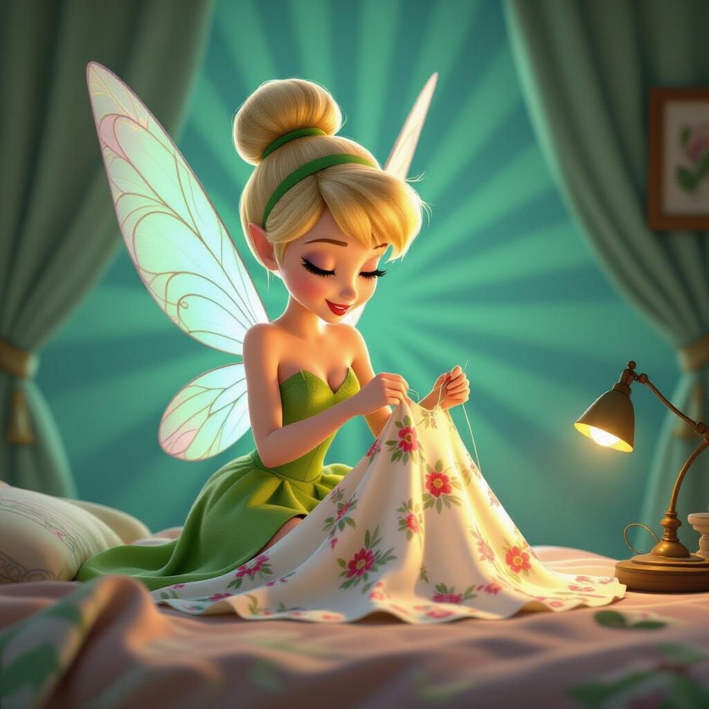 Tinker Bell Sewing Dress in Whimsical Bedroom, Pixar Style