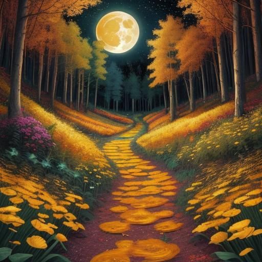 Golden Path Through Psychedelic Flower Field