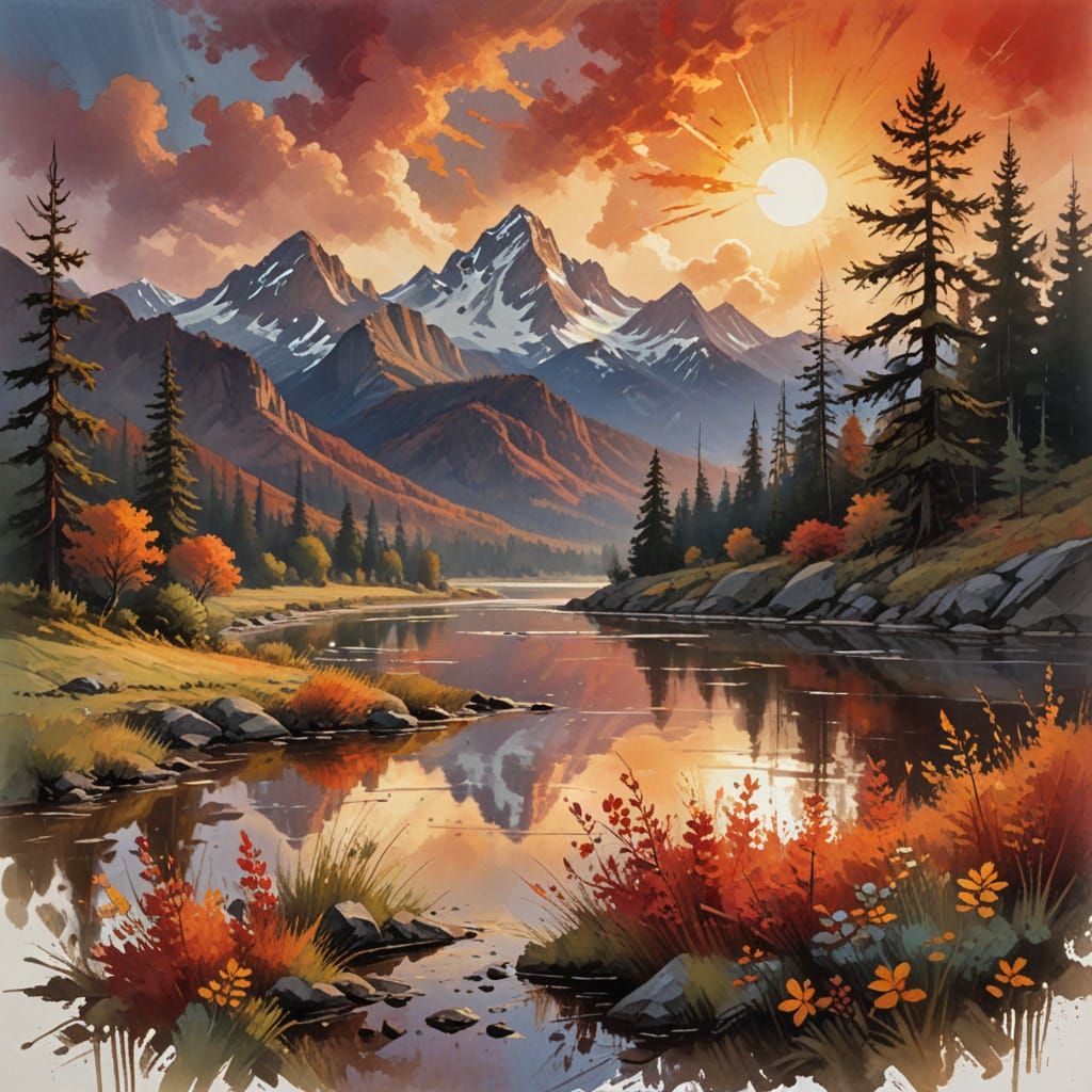 Vibrant Sunset Landscape in Impressive Gouache Style
