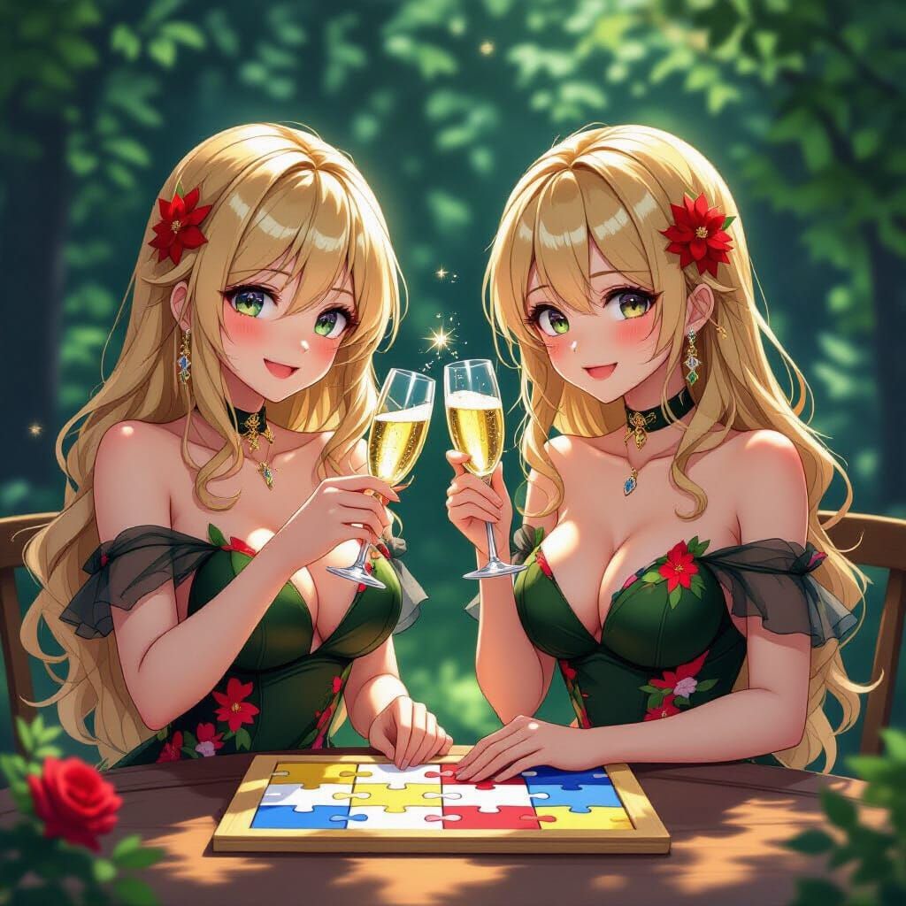 Anime Blondes Toasting Puzzle Victory in 3D Style