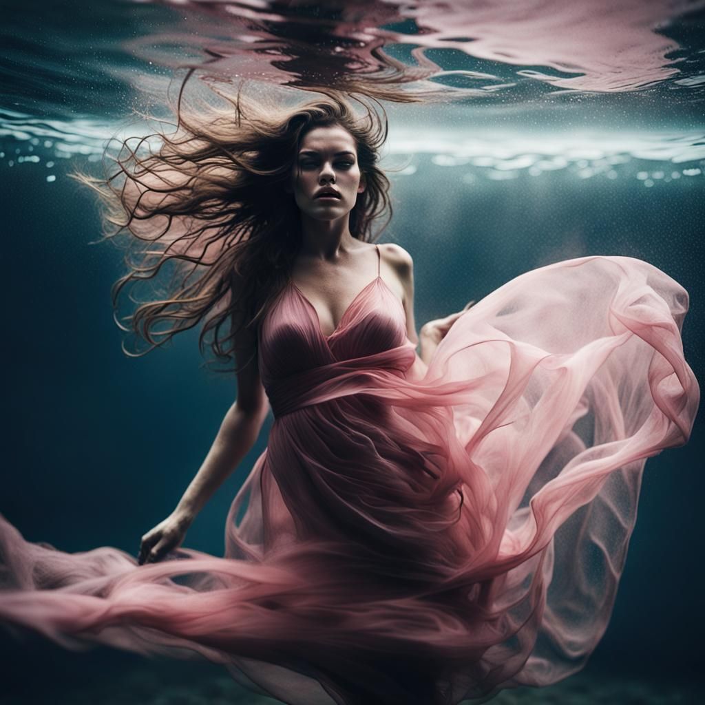 Underwater Woman in Flowing Pink Dress