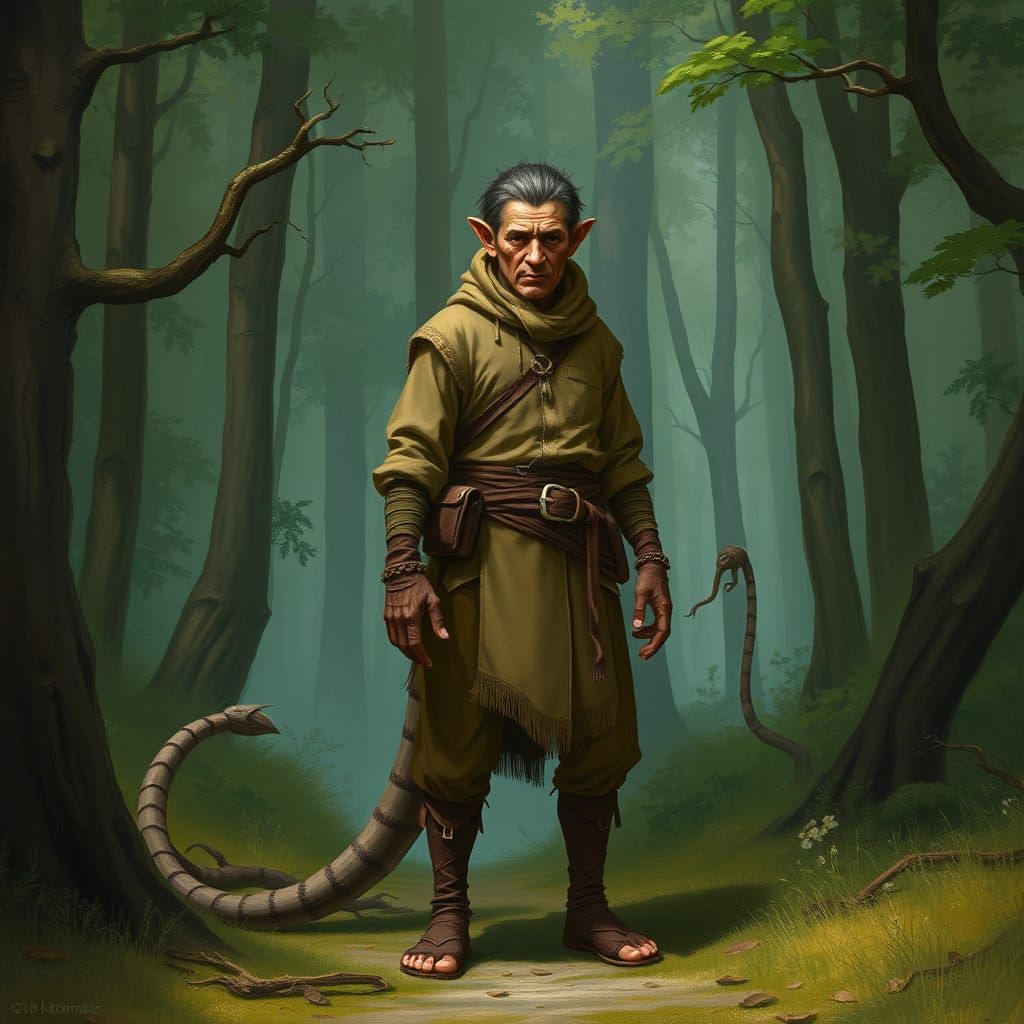 Human with Prehensile Tail in Lush Forest