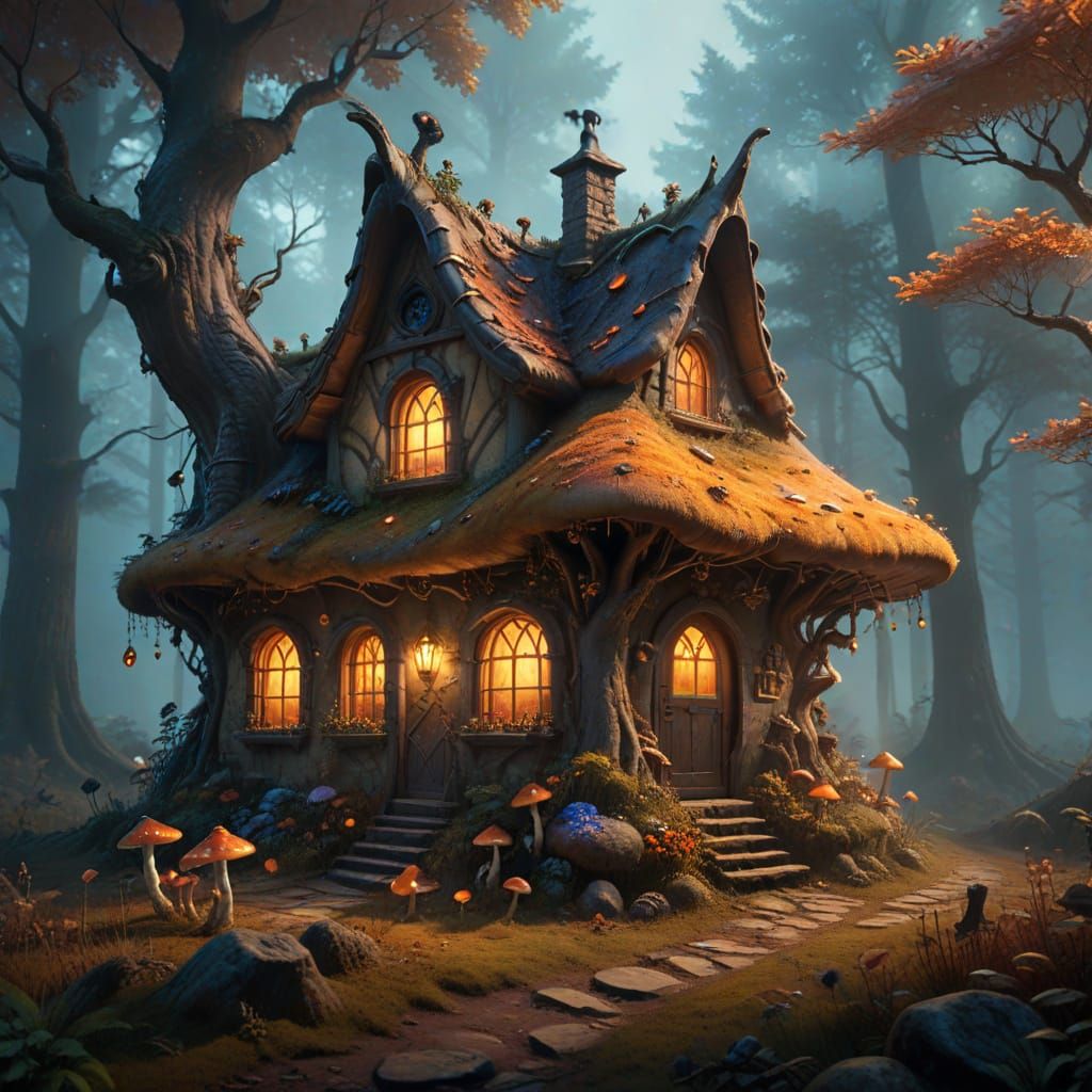 Enchanted Witch's Cottage in Whimsical Fantasy Landscape