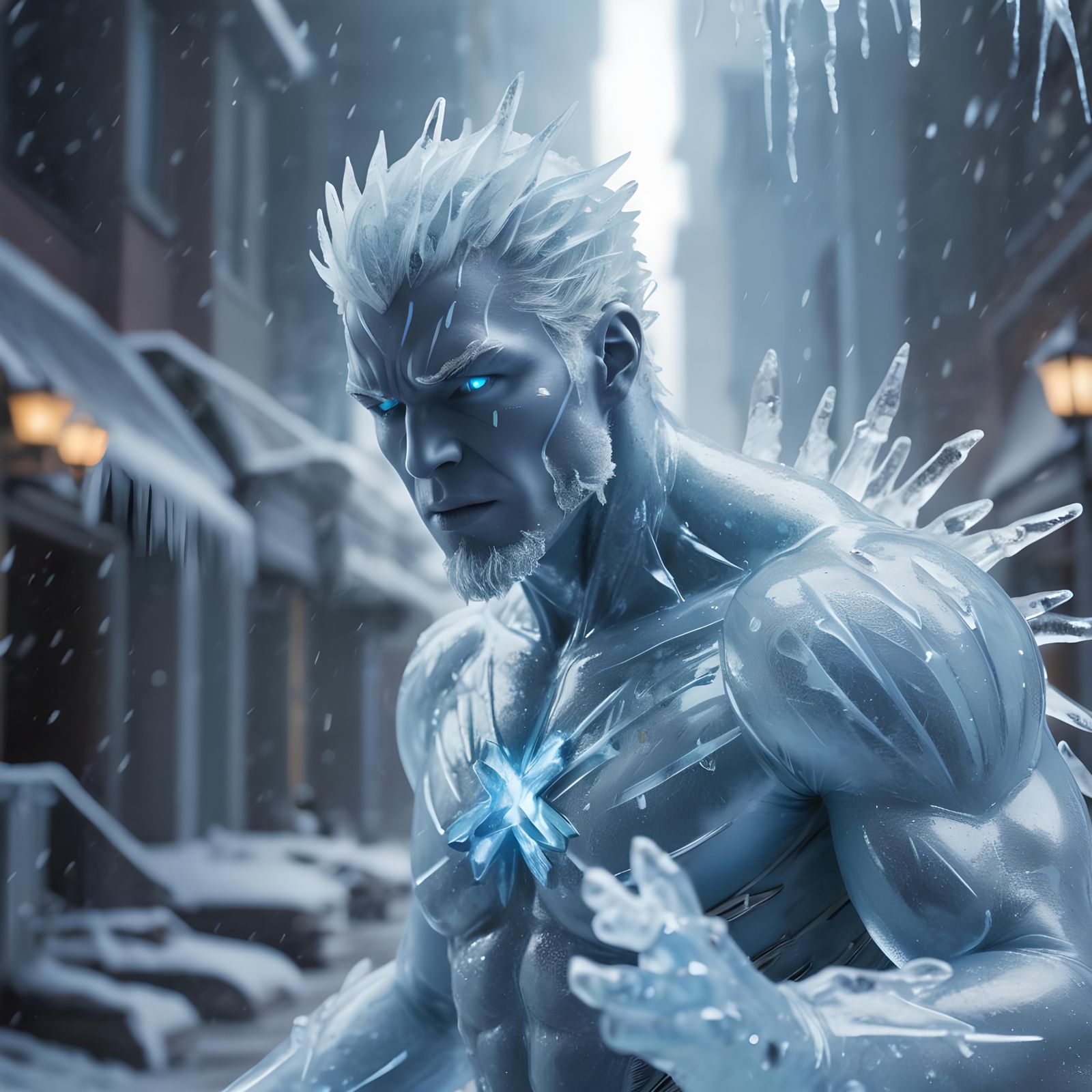 The Xmen Iceman completely in his ice form.