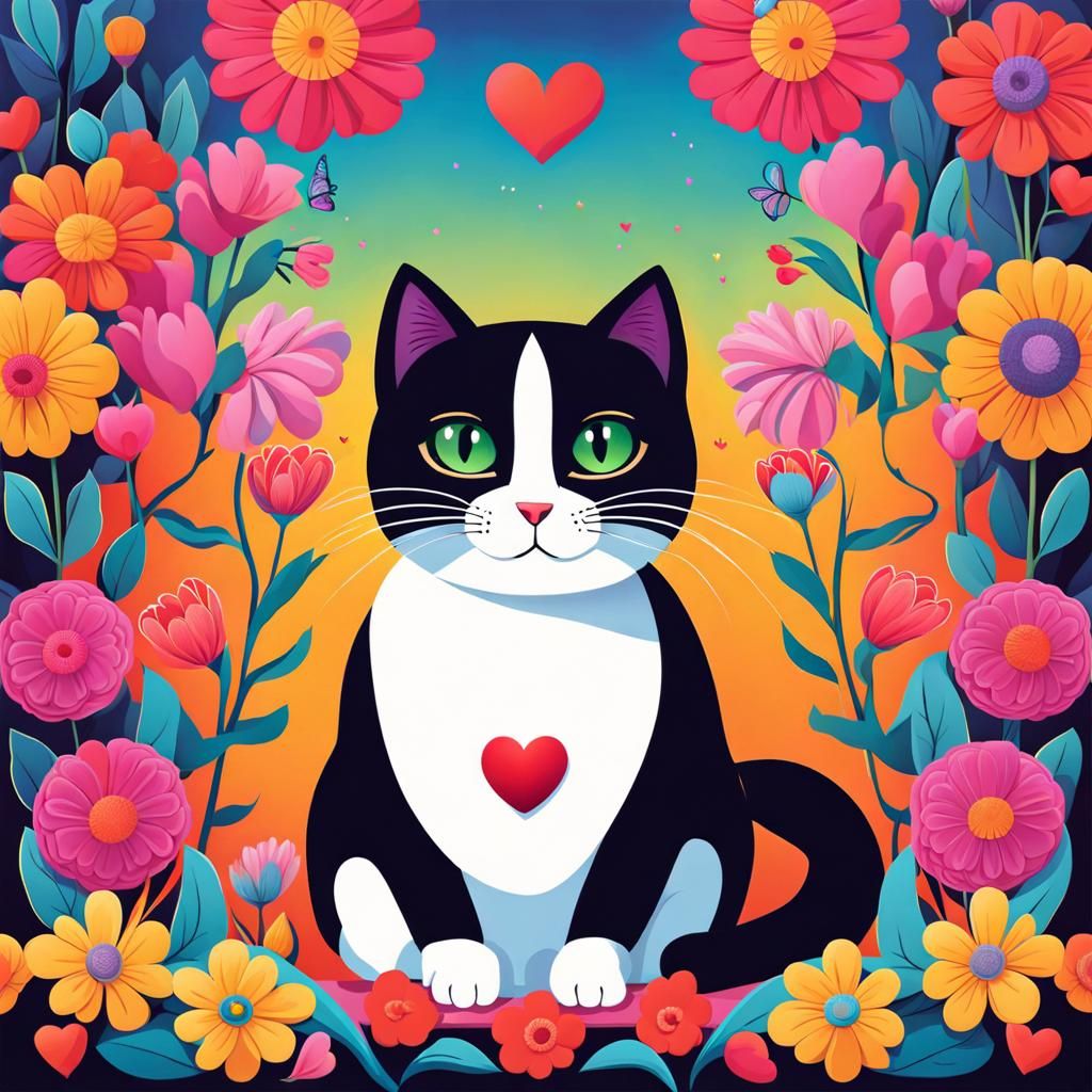 Cute Cat with Flowers and Heart Lights