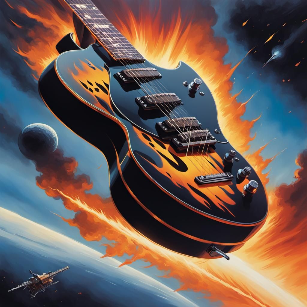 Fiery Guitar in Comic Book Art Style