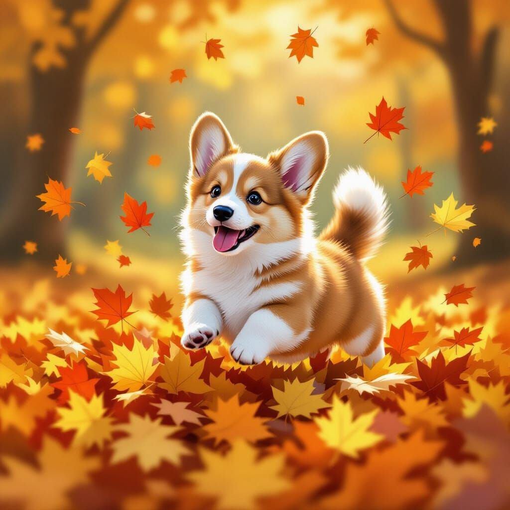 Corgi Puppy Leaps Into Autumn Leaves in Forest Clearing